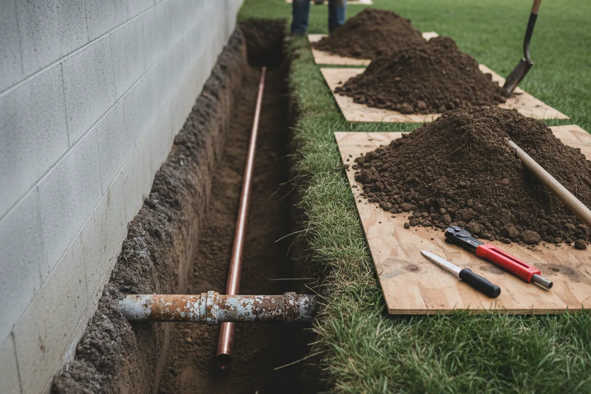 Excavated water line trench during Water Heater Repair in Hilham